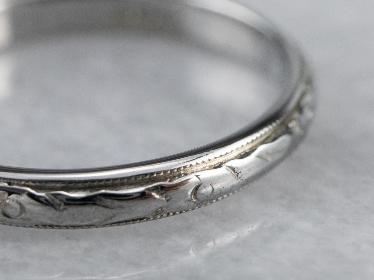 Art Deco Floral Patterned White Gold Wedding Band