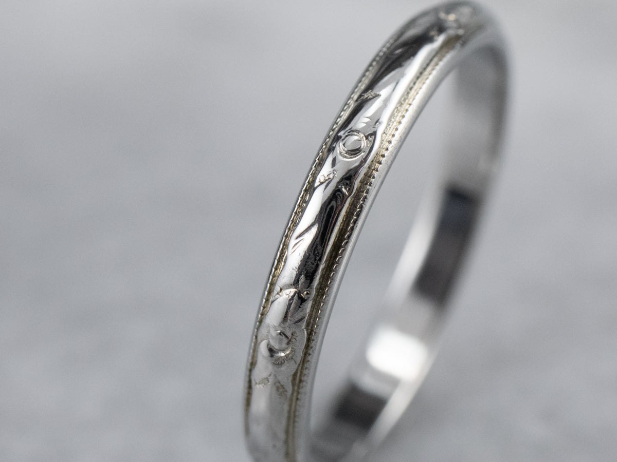 Art Deco Floral Patterned White Gold Wedding Band