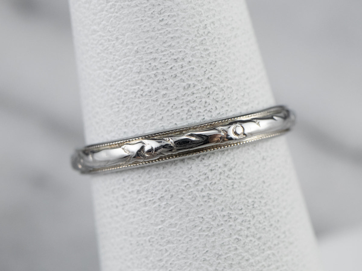 Art Deco Floral Patterned White Gold Wedding Band