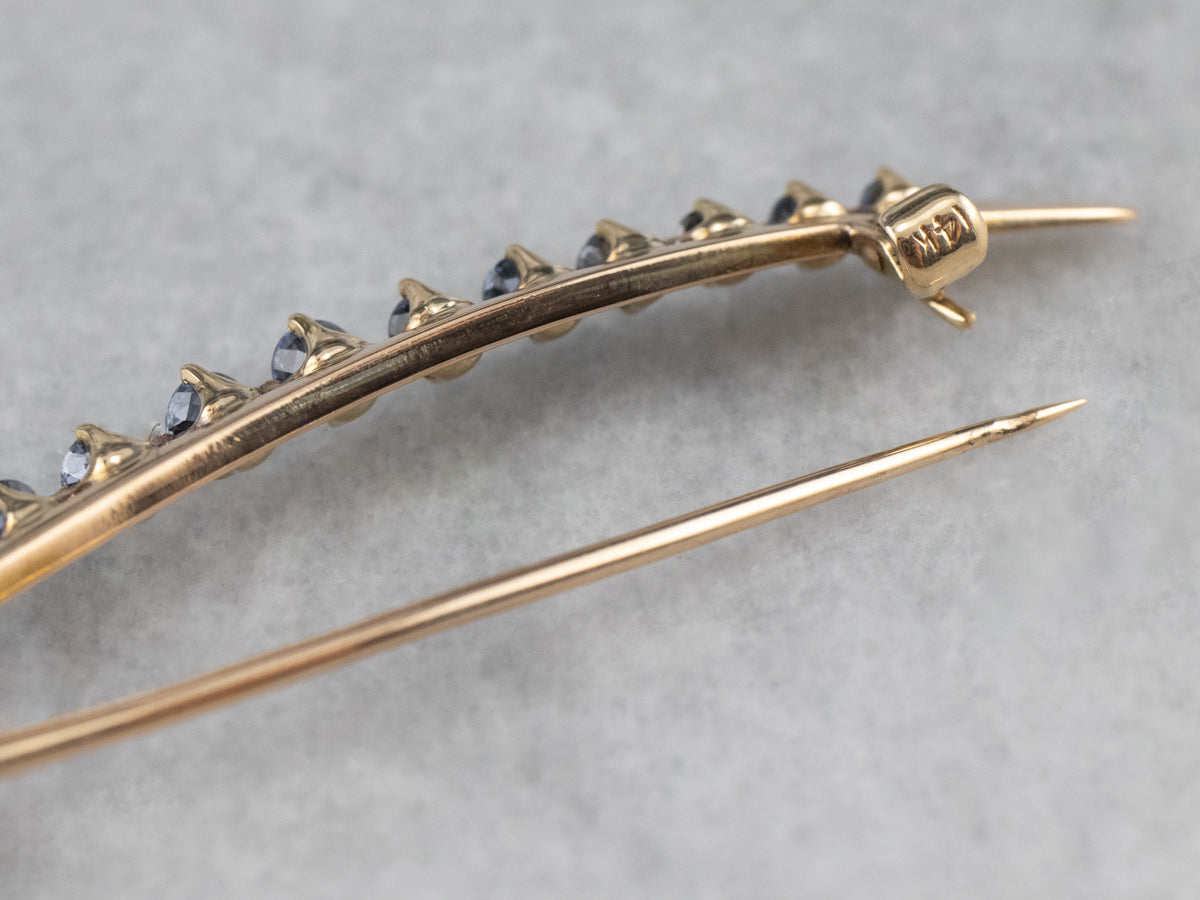 Art Nouveau Synthetic Sapphire Gold Moon Brooch