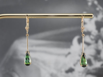 Green Tourmaline Gold Bar Drop Earrings