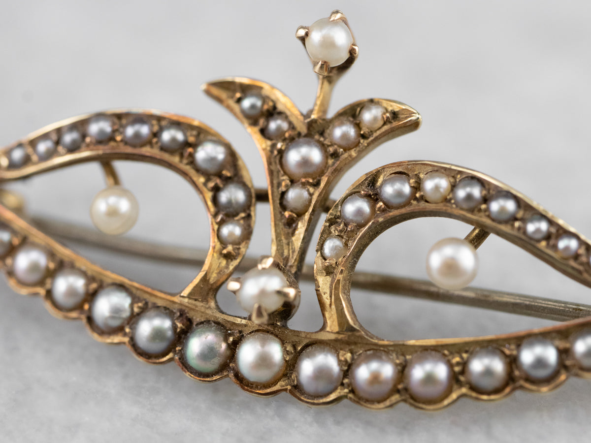 Antique Seed Pearl Crescent Moon Wings Pin