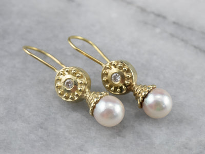 Vintage Pearl and Diamond Drop Earrings