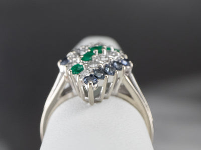Emerald Diamond and Sapphire Cluster Ring
