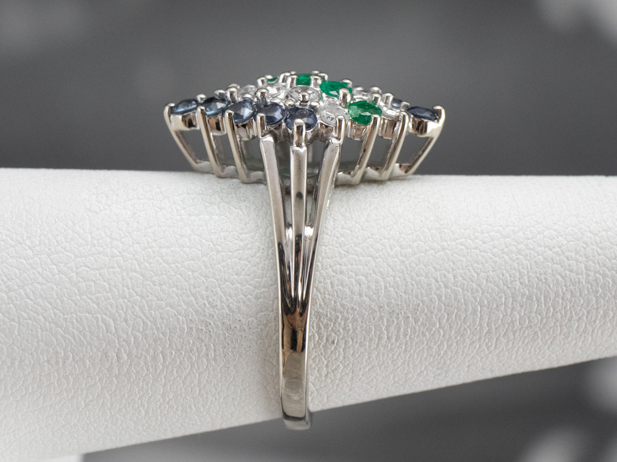 Emerald Diamond and Sapphire Cluster Ring