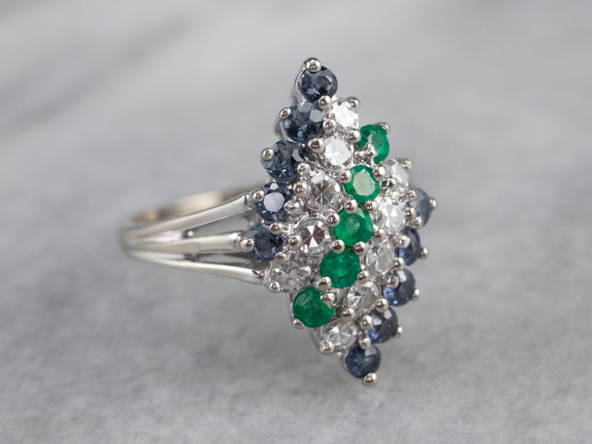 Emerald Diamond and Sapphire Cluster Ring