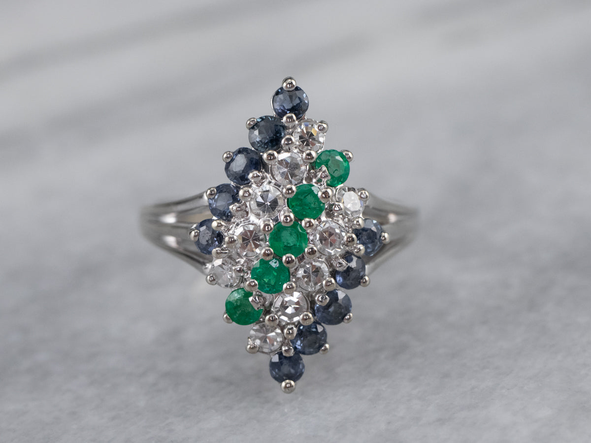Emerald Diamond and Sapphire Cluster Ring