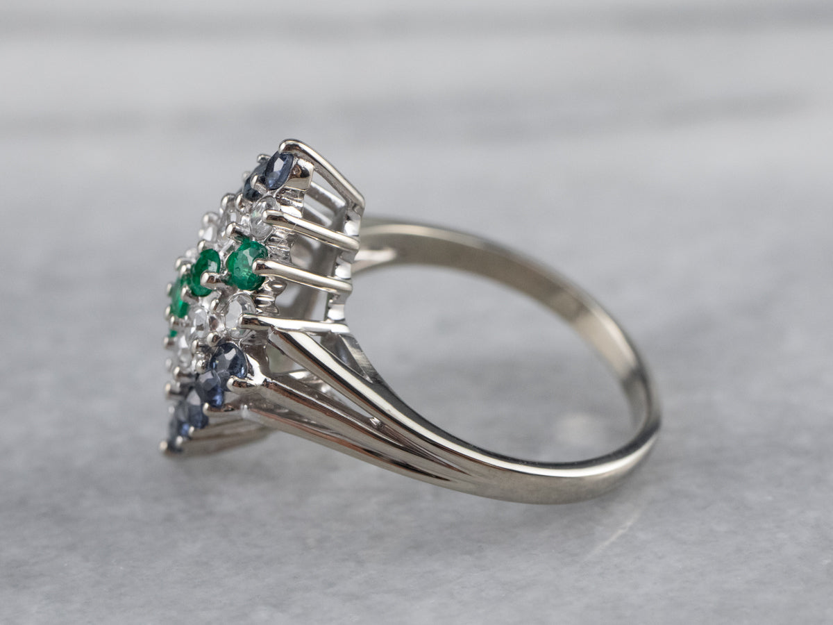 Emerald Diamond and Sapphire Cluster Ring