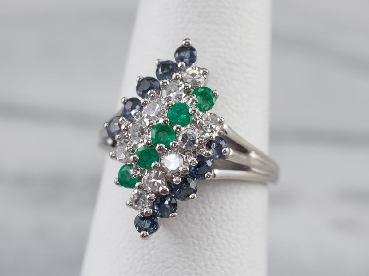 Emerald Diamond and Sapphire Cluster Ring