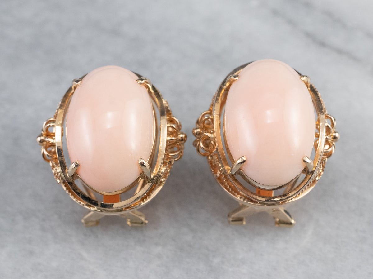 Pink Coral Rose Gold Filigree Statement Earrings