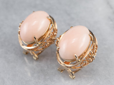 Pink Coral Rose Gold Filigree Statement Earrings