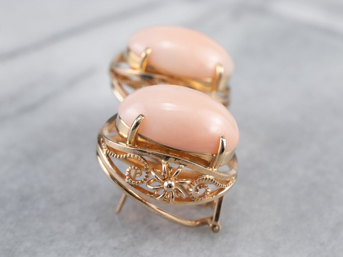 Pink Coral Rose Gold Filigree Statement Earrings