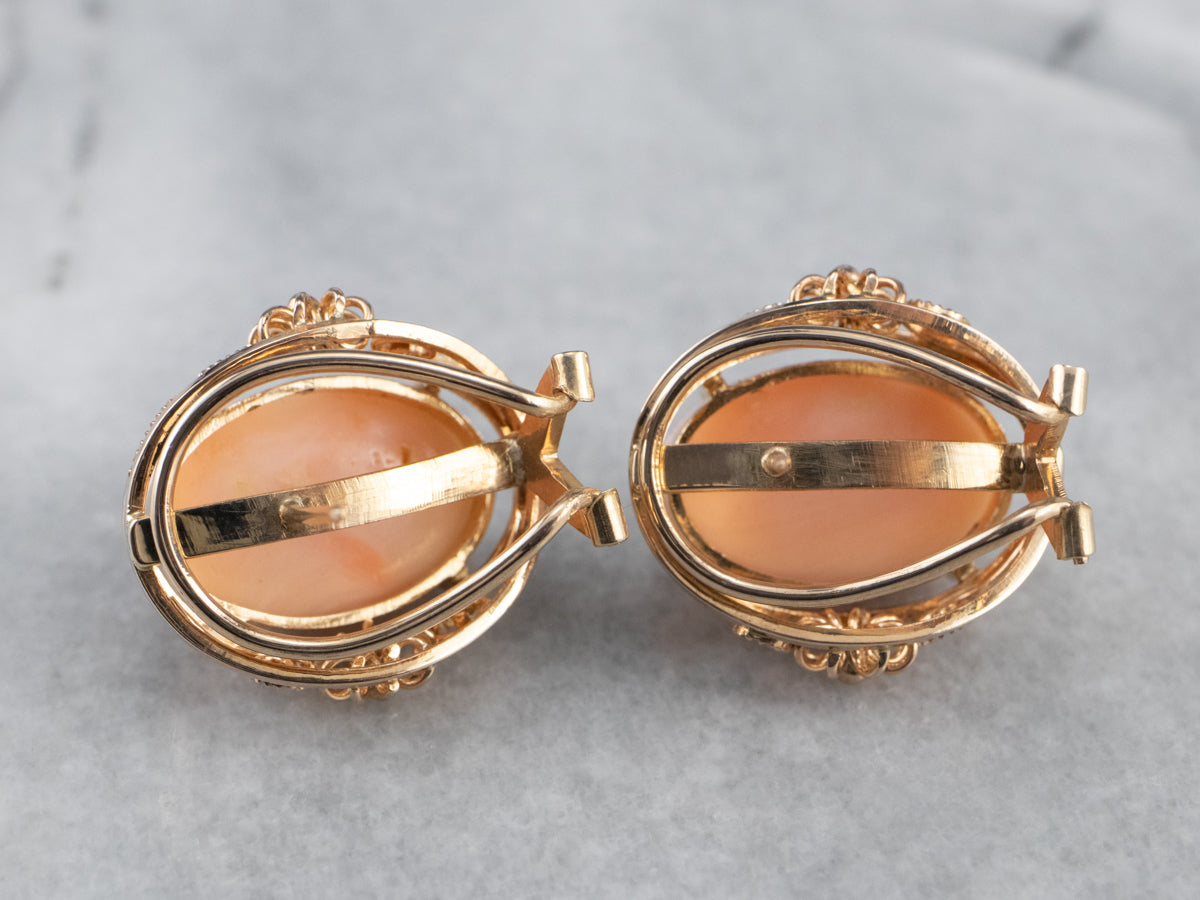 Pink Coral Rose Gold Filigree Statement Earrings