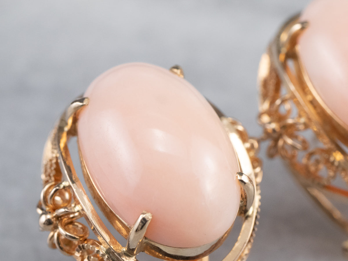 Pink Coral Rose Gold Filigree Statement Earrings