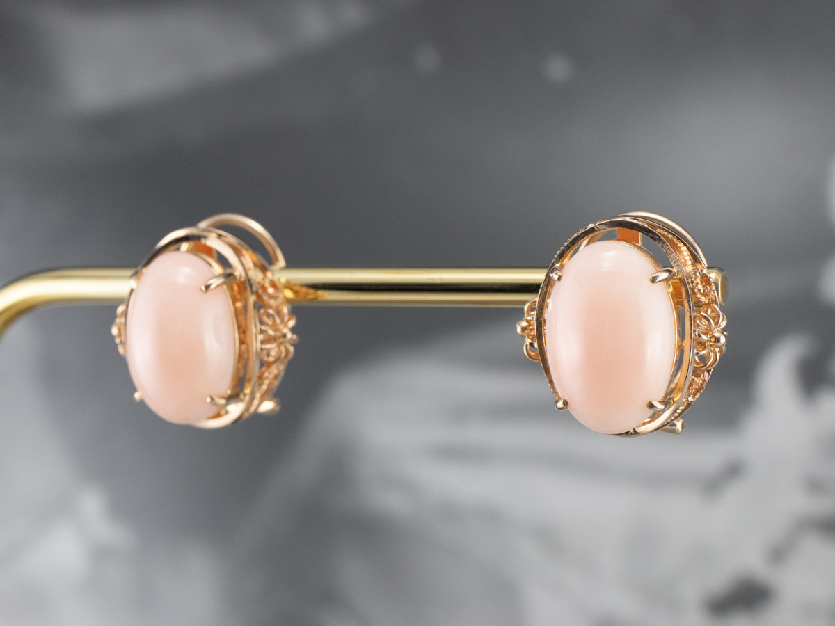 Pink Coral Rose Gold Filigree Statement Earrings