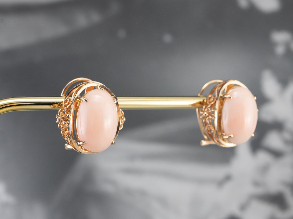 Pink Coral Rose Gold Filigree Statement Earrings