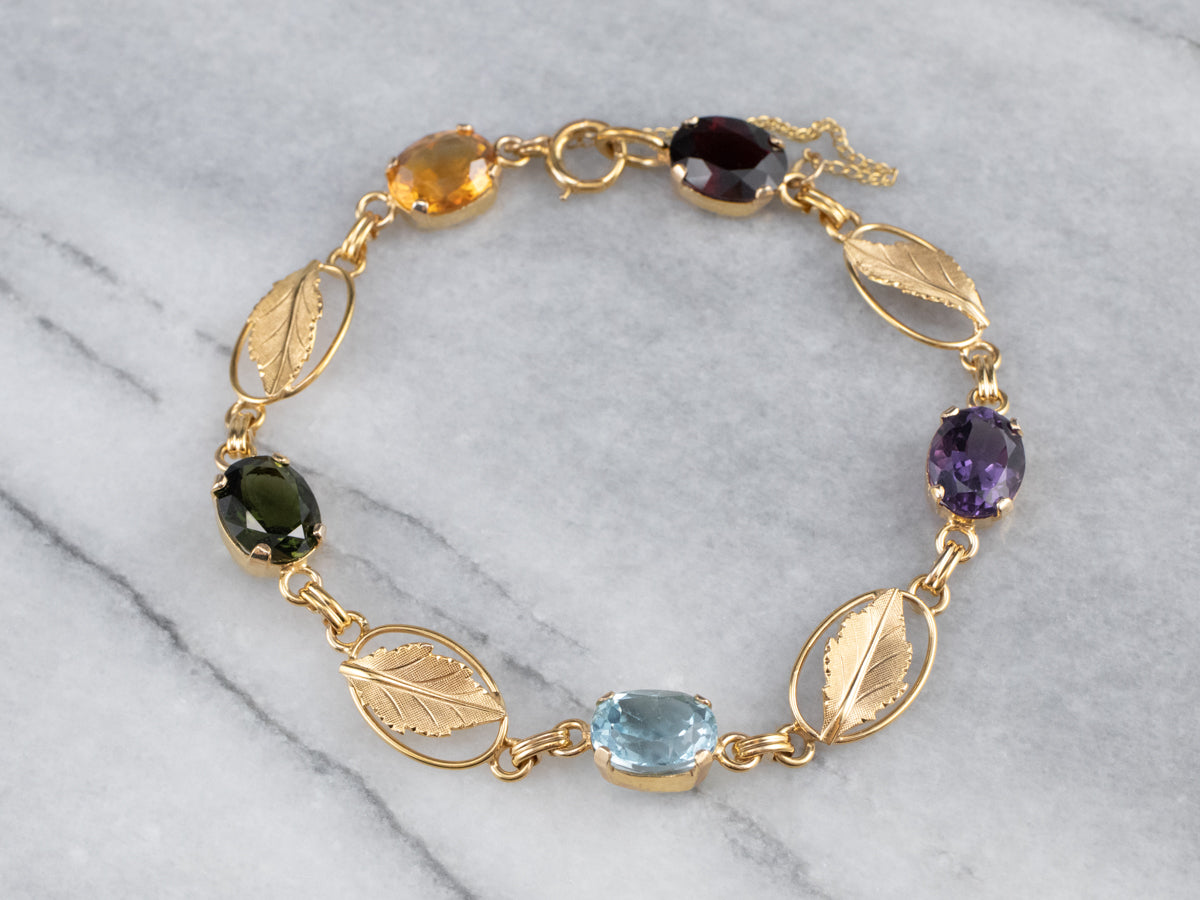 Multi Gemstone Botanical Gold Link Bracelet