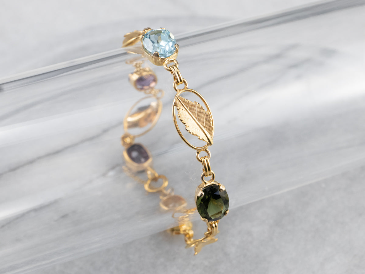 Multi Gemstone Botanical Gold Link Bracelet