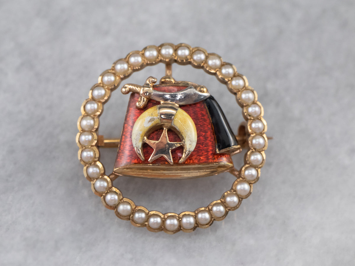 Enamel Seed Pearl Shriners Gold Lapel Pin