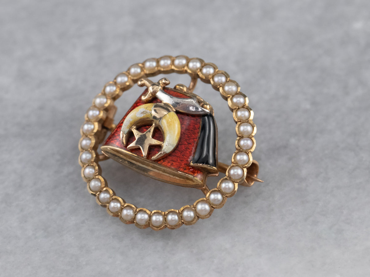 Enamel Seed Pearl Shriners Gold Lapel Pin