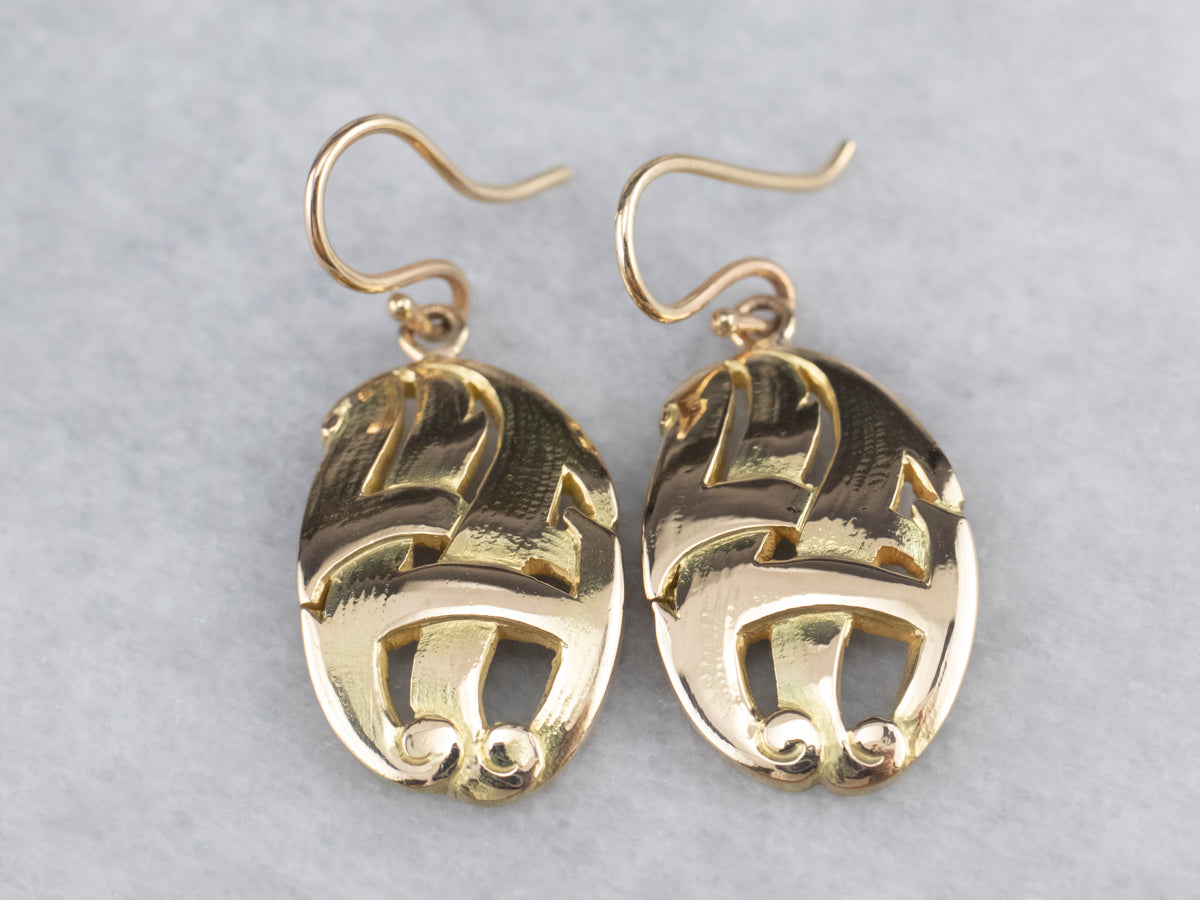 Solid 14K Gold Oval Medal Drop Earrings