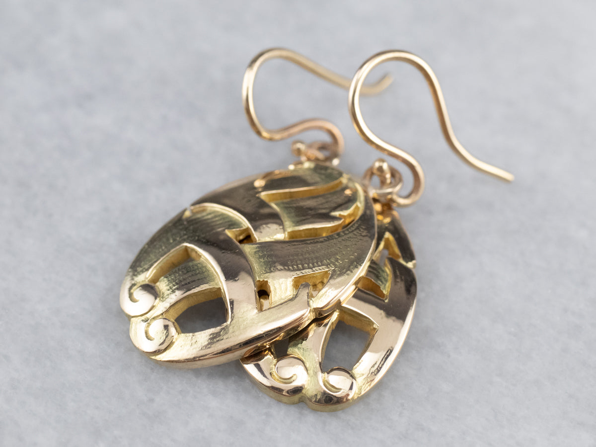 Solid 14K Gold Oval Medal Drop Earrings