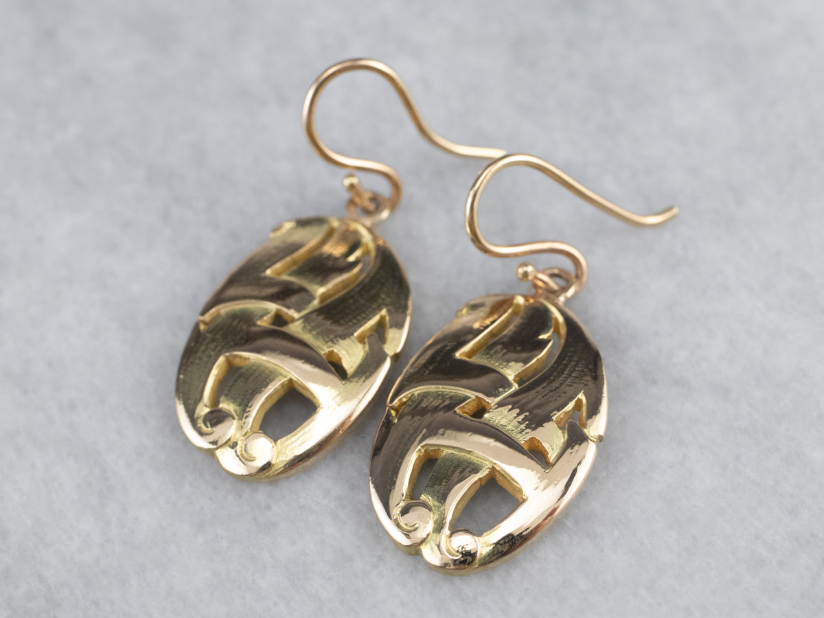 Solid 14K Gold Oval Medal Drop Earrings