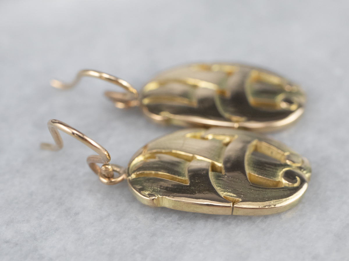 Solid 14K Gold Oval Medal Drop Earrings