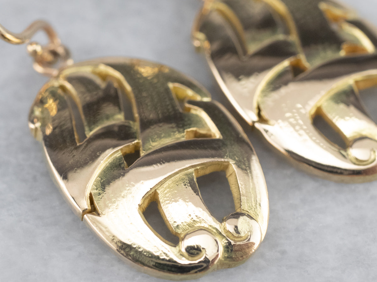 Solid 14K Gold Oval Medal Drop Earrings