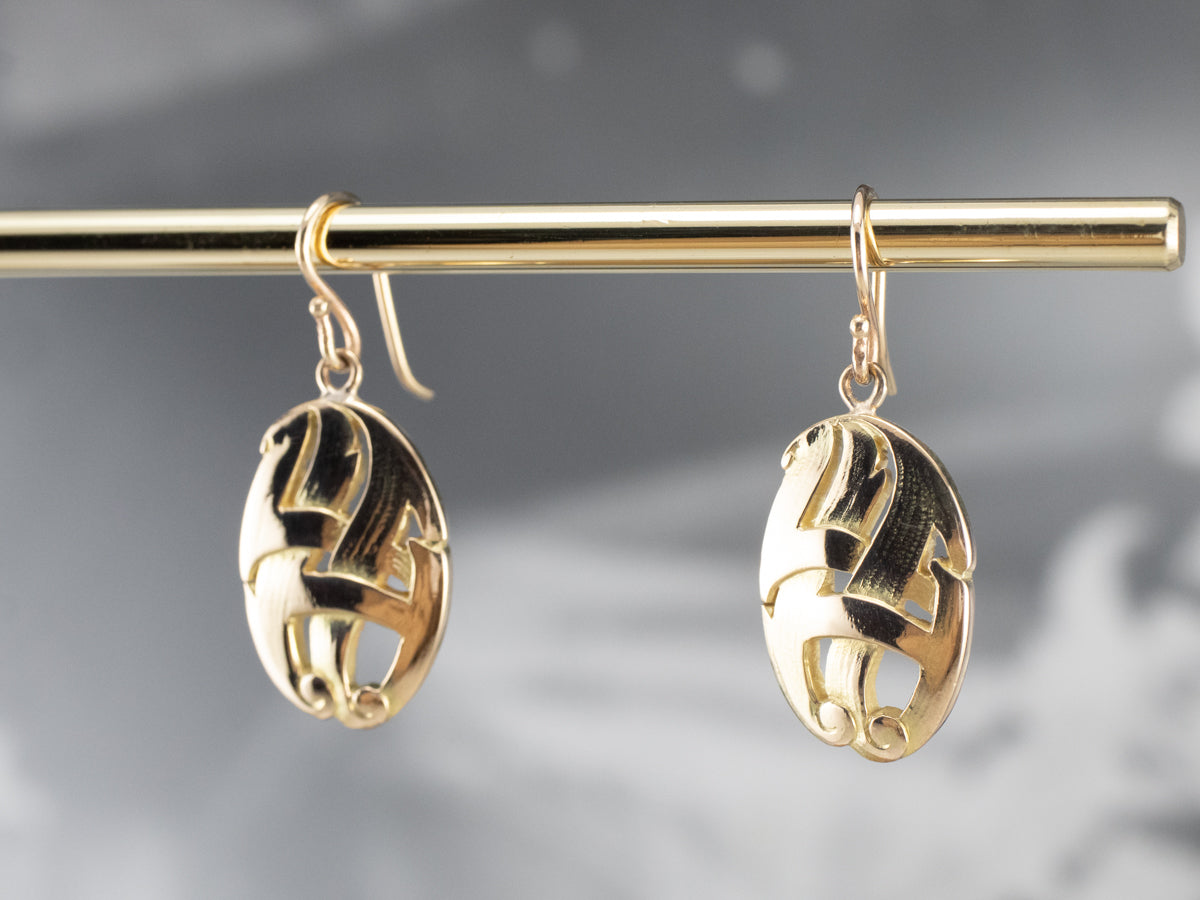 Solid 14K Gold Oval Medal Drop Earrings