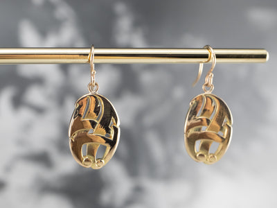 Solid 14K Gold Oval Medal Drop Earrings