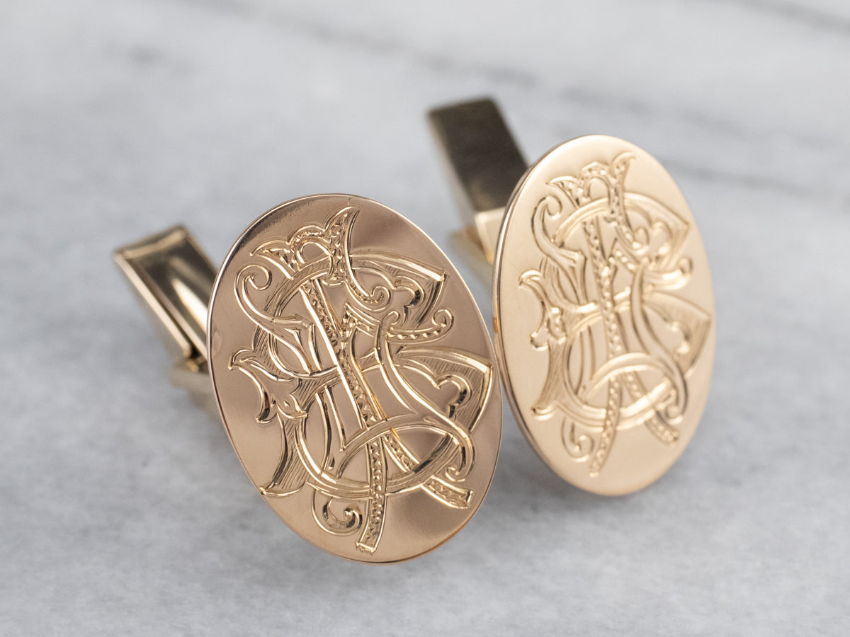 Ornate Antique "BI" Monogram Gold Cufflinks