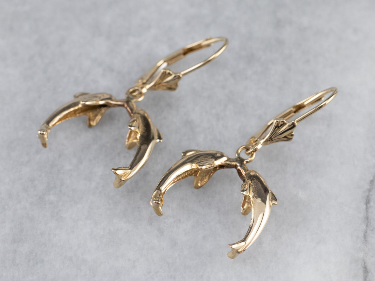 Yellow 14K Gold Dolphin Drop Earrings