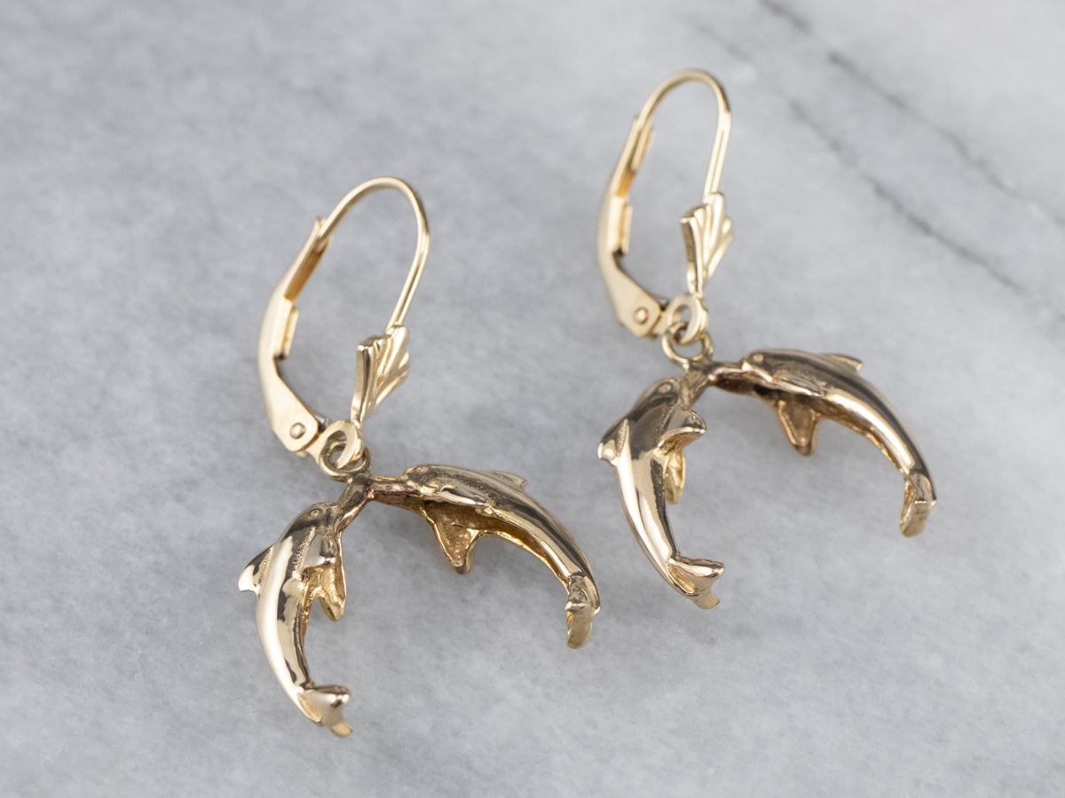 Yellow 14K Gold Dolphin Drop Earrings