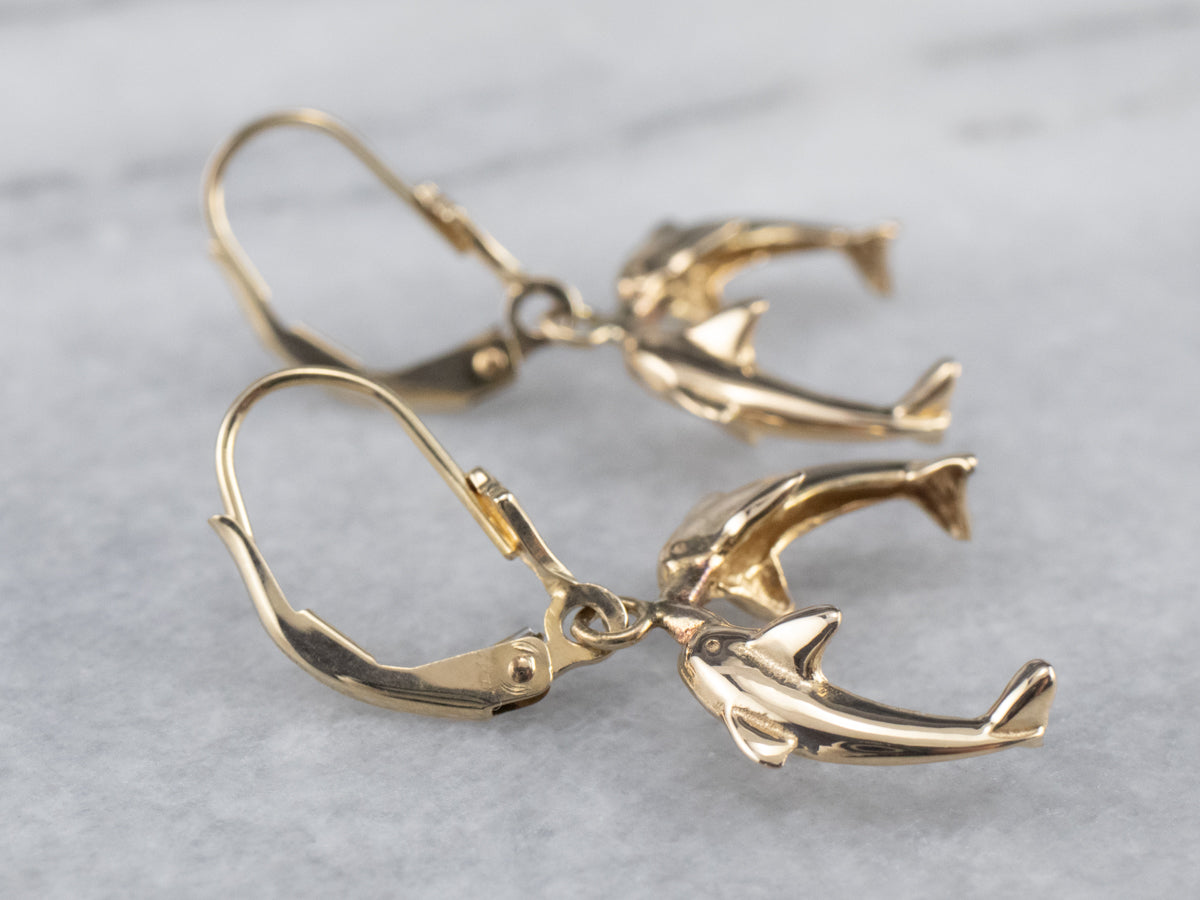 Yellow 14K Gold Dolphin Drop Earrings