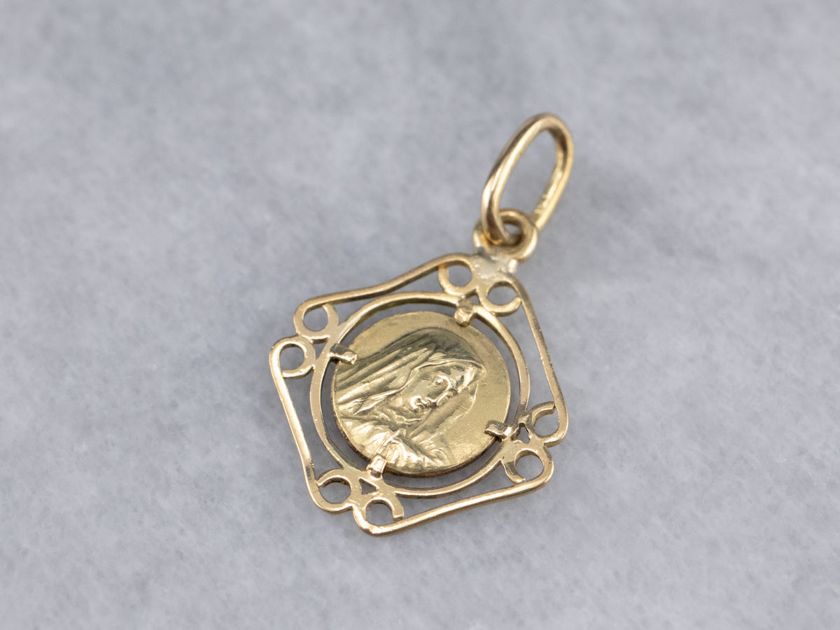 18K Gold Religious Mary Medal Pendant