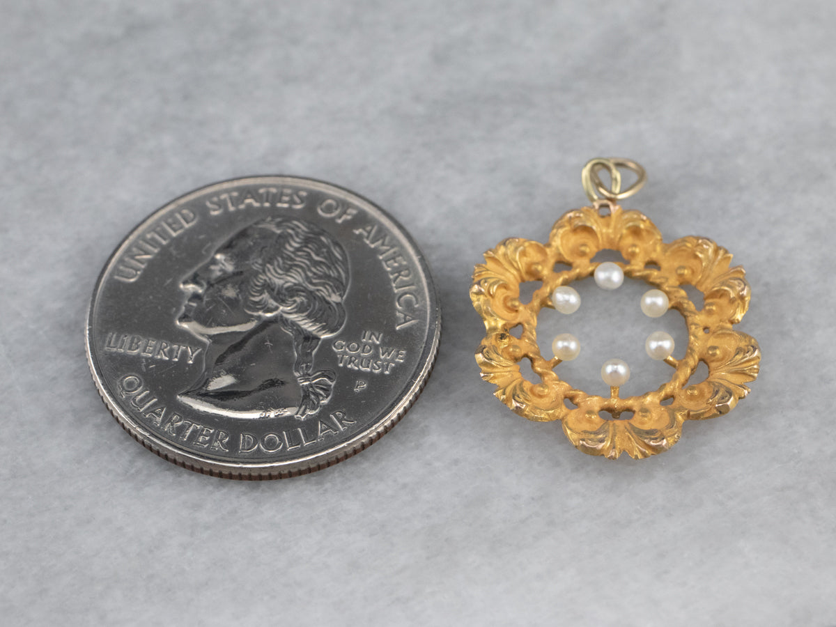 Vintage Gold Seed Pearl Floral Pendant