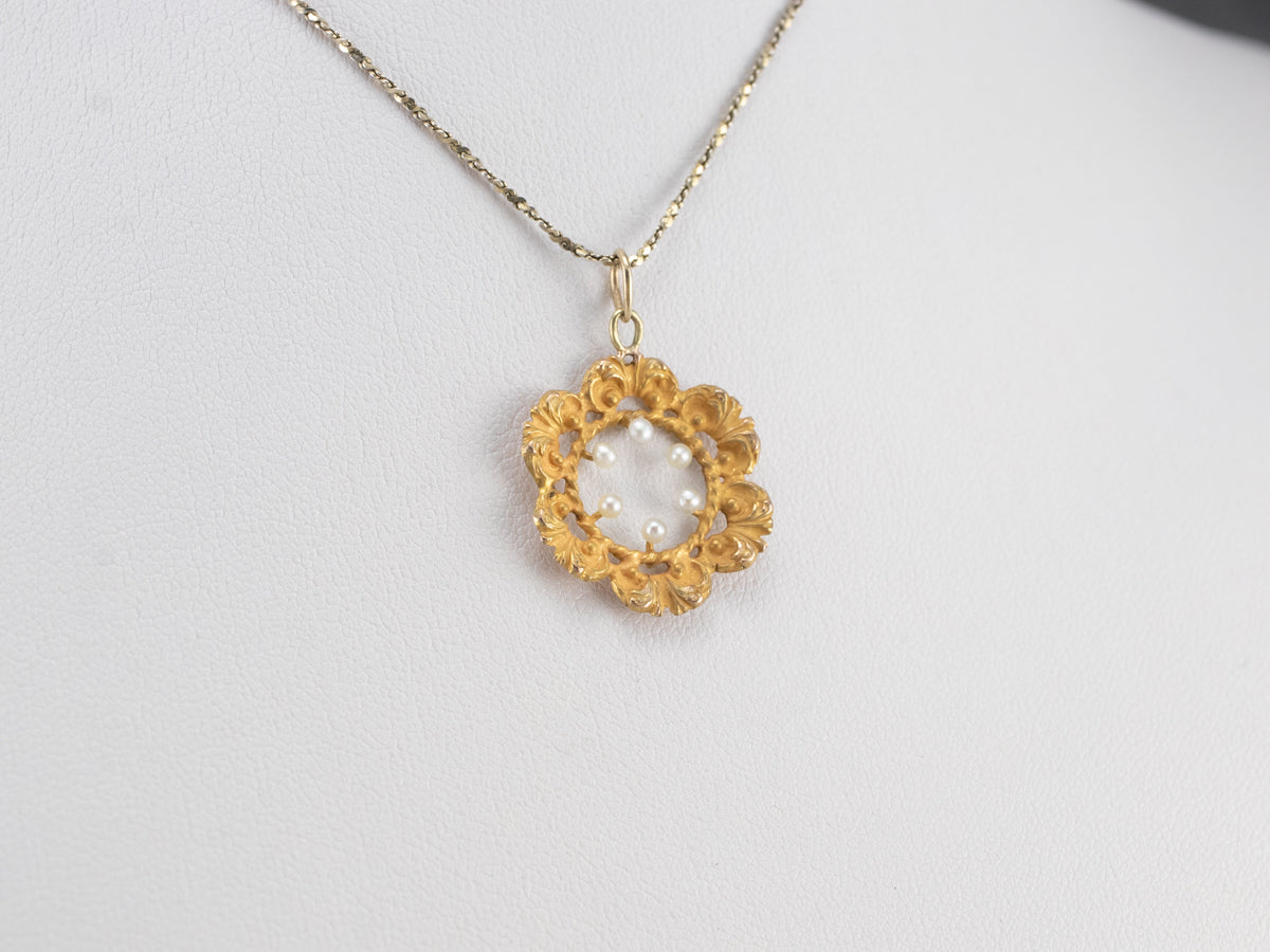 Vintage Gold Seed Pearl Floral Pendant