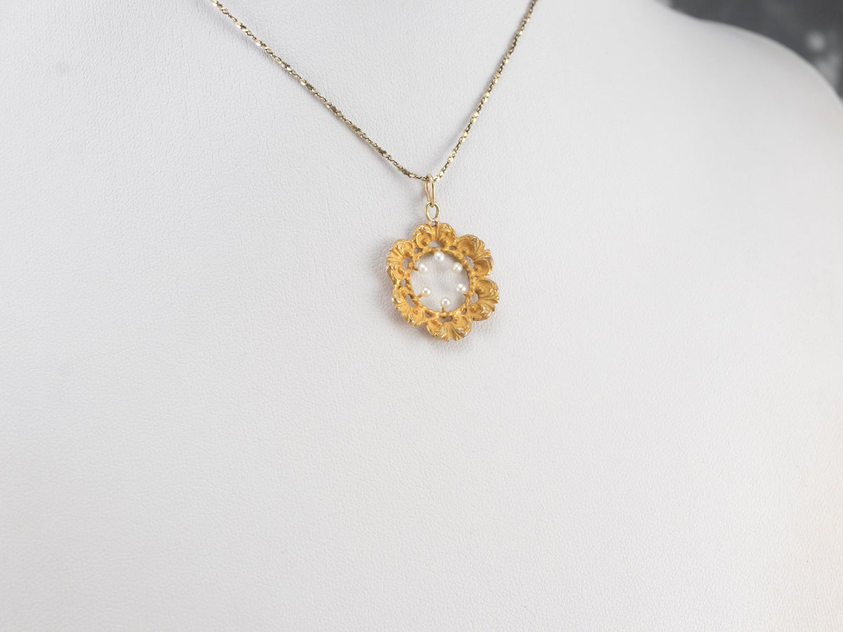 Vintage Gold Seed Pearl Floral Pendant