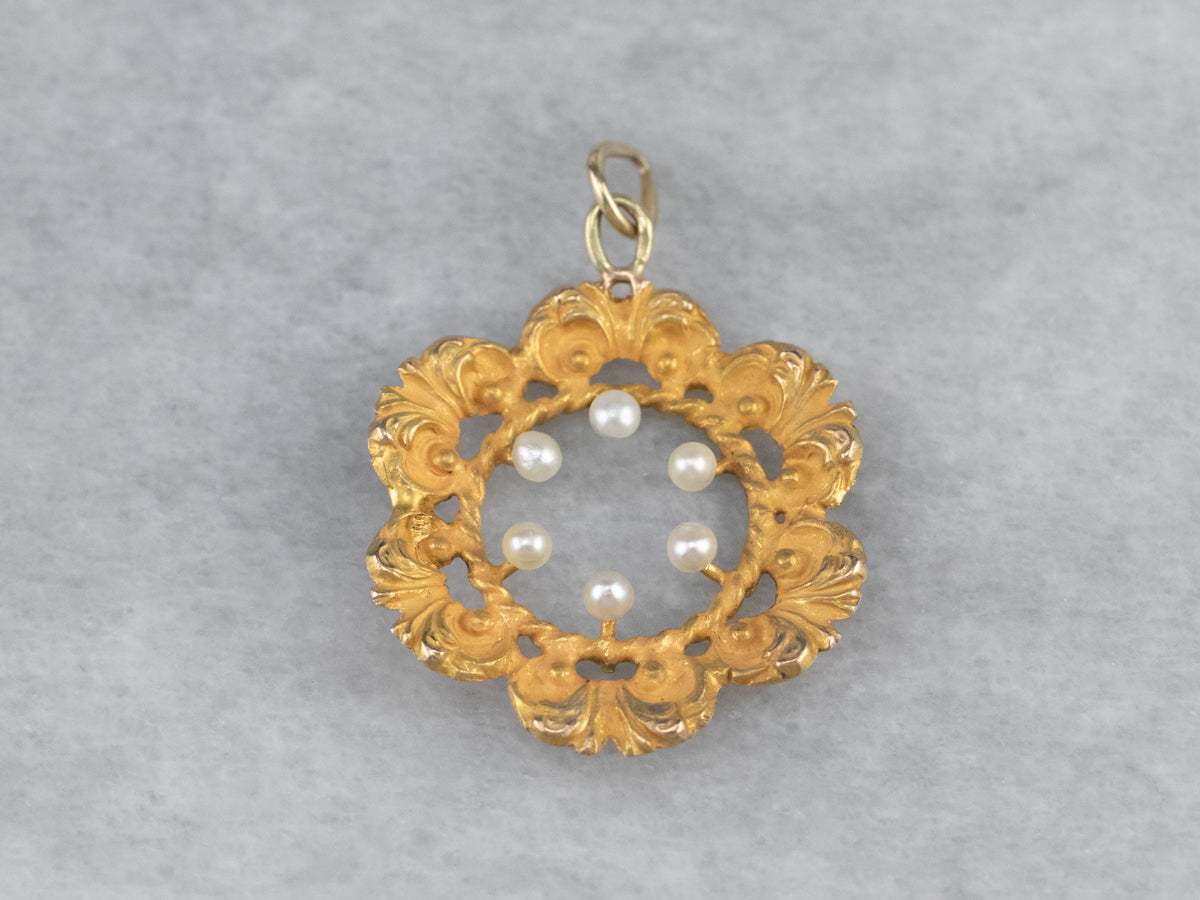 Vintage Gold Seed Pearl Floral Pendant