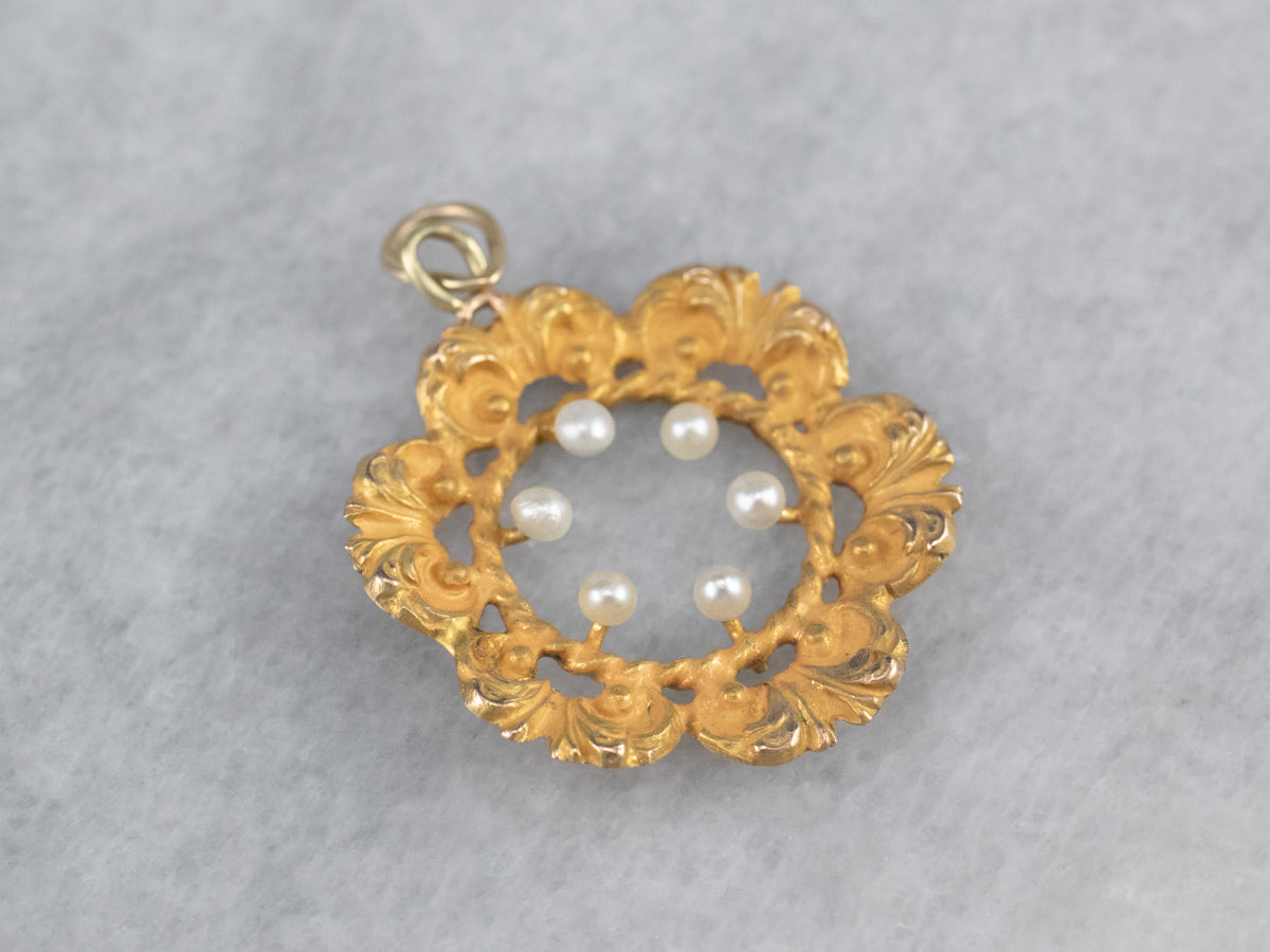Vintage Gold Seed Pearl Floral Pendant