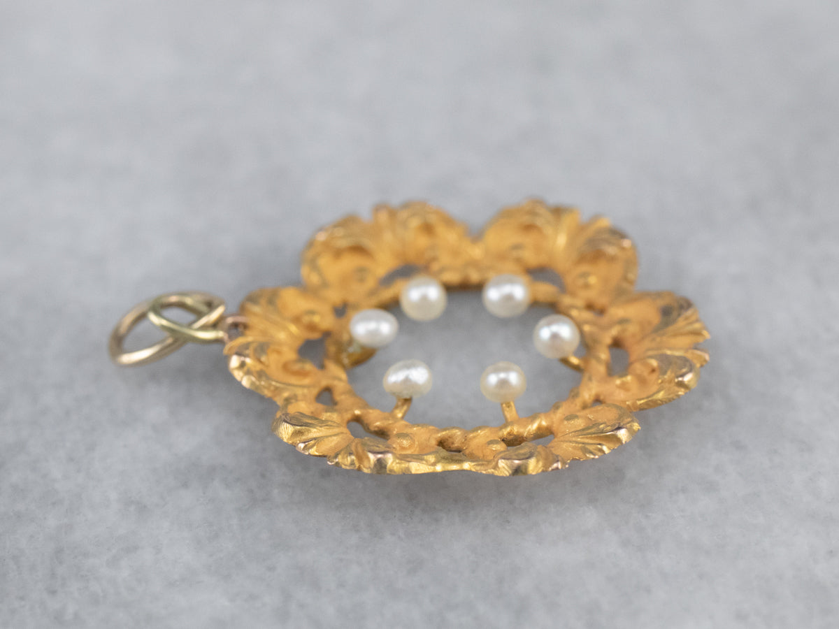 Vintage Gold Seed Pearl Floral Pendant