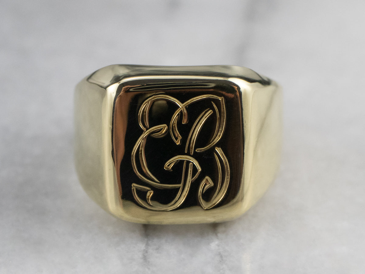 Scrolling "EB" Green Gold Signet Ring