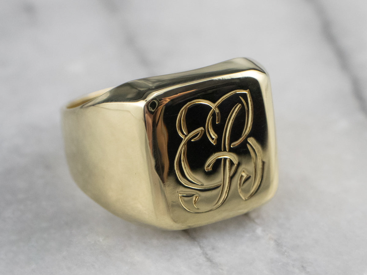 Scrolling "EB" Green Gold Signet Ring