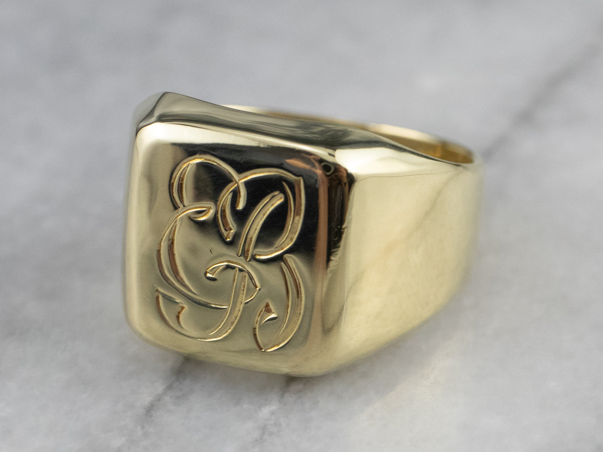 Scrolling "EB" Green Gold Signet Ring