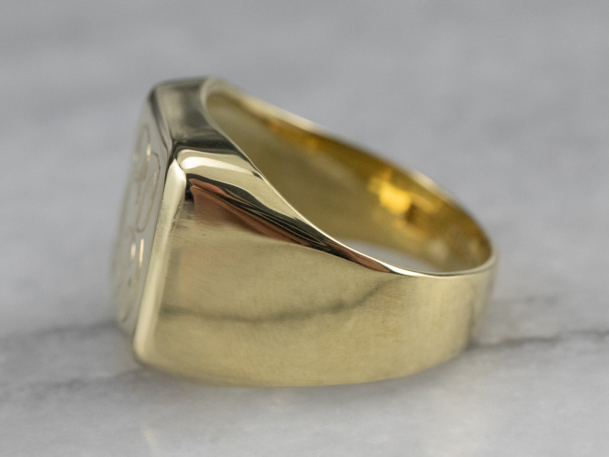 Scrolling "EB" Green Gold Signet Ring