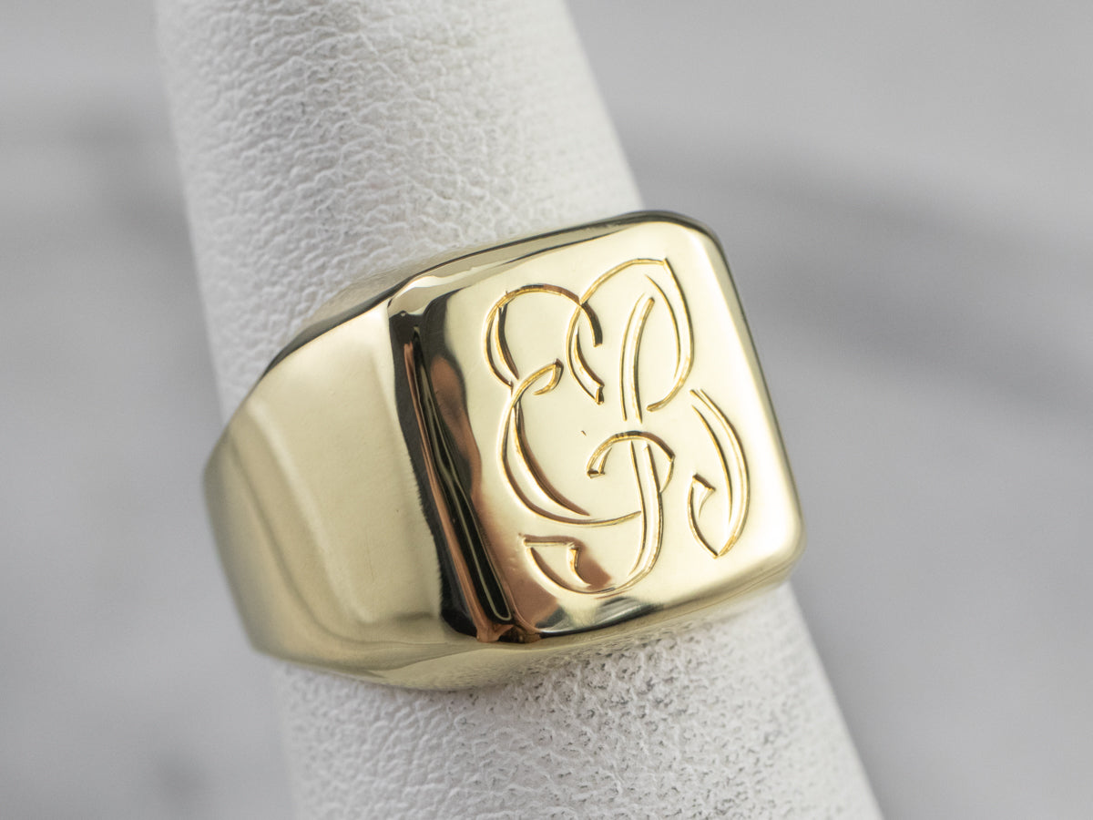 Scrolling "EB" Green Gold Signet Ring