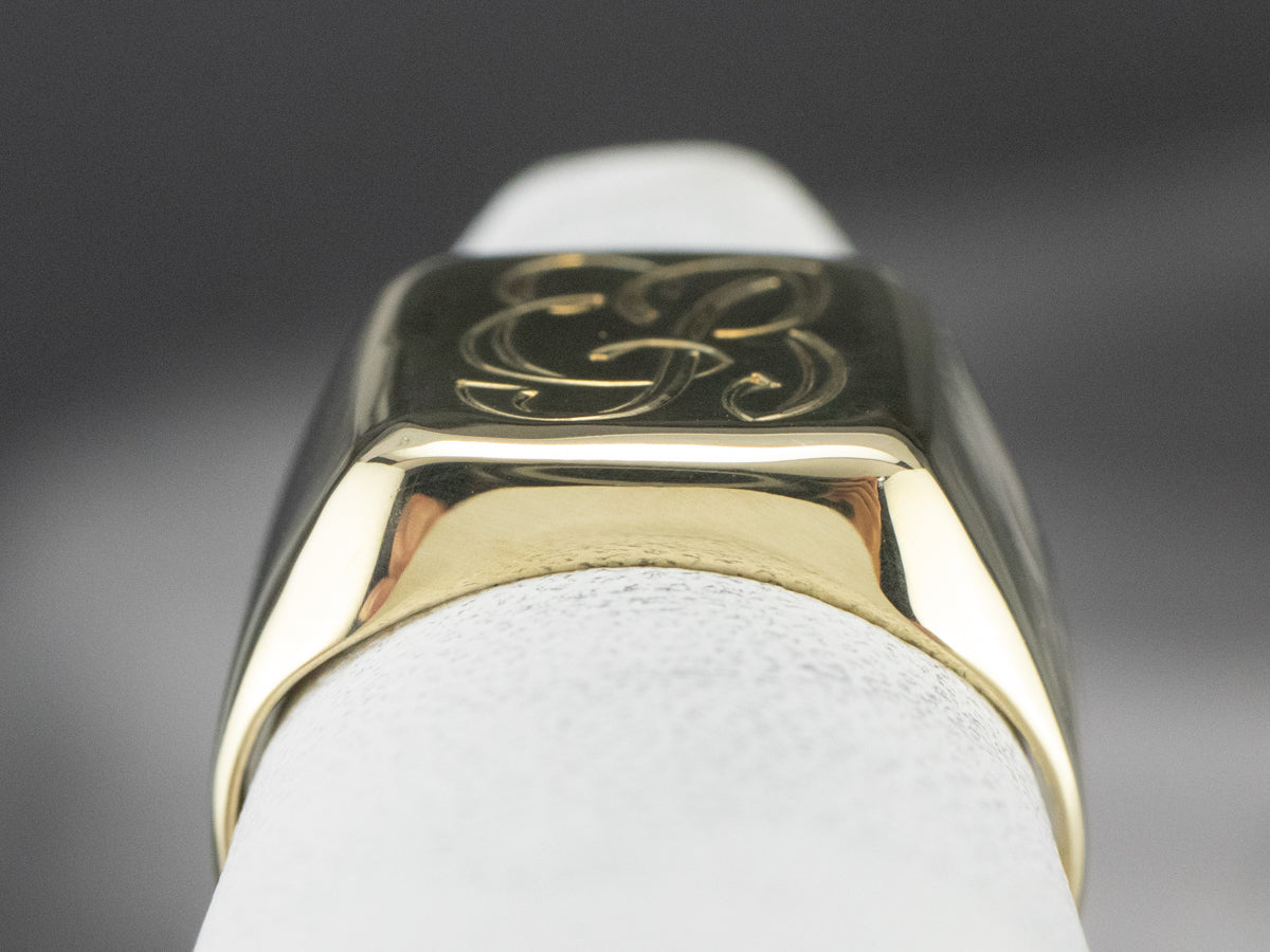 Scrolling "EB" Green Gold Signet Ring
