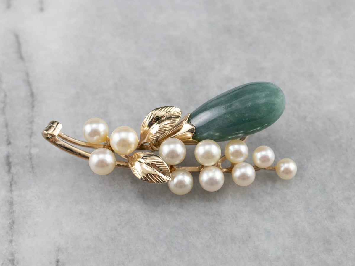Botanical Jadeite Pearl Gold Brooch