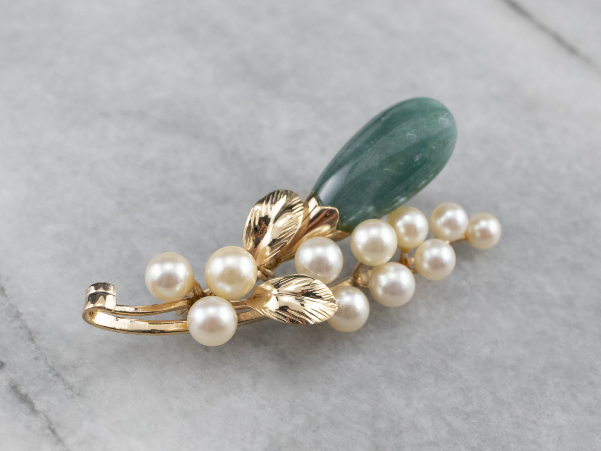 Botanical Jadeite Pearl Gold Brooch